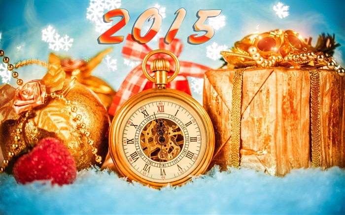 2 015 Новый Год, часы и подарки обои,s изображение