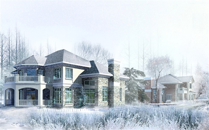 3D дизайн, дом, зима, снег обои,s изображение