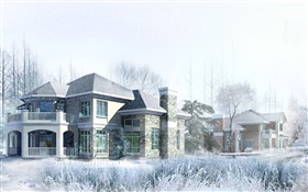 3D дизайн, дом, зима, снег