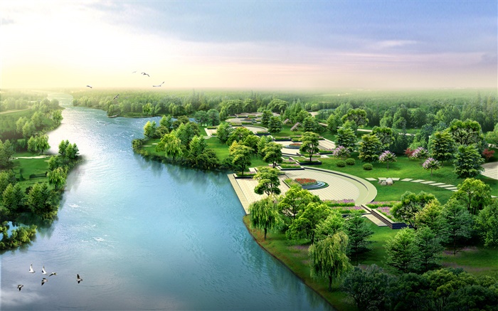 3D дизайн, река, парк, деревья, птицы обои,s изображение