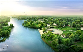 3D дизайн, река, парк, деревья, птицы HD обои