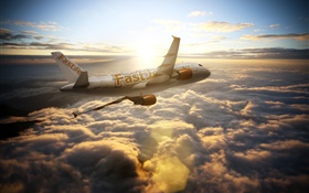 Airbus A300 воздушных судов, небо, облака, лучи солнца HD обои