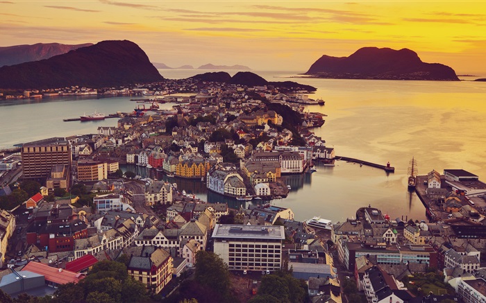 Олесунн, Норвегия, город, дома, закат, побережье обои,s изображение