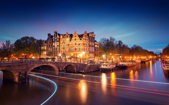 Амстердам, Нидерланды, ночь, дома, мост, река, огни, катера обои,s изображение