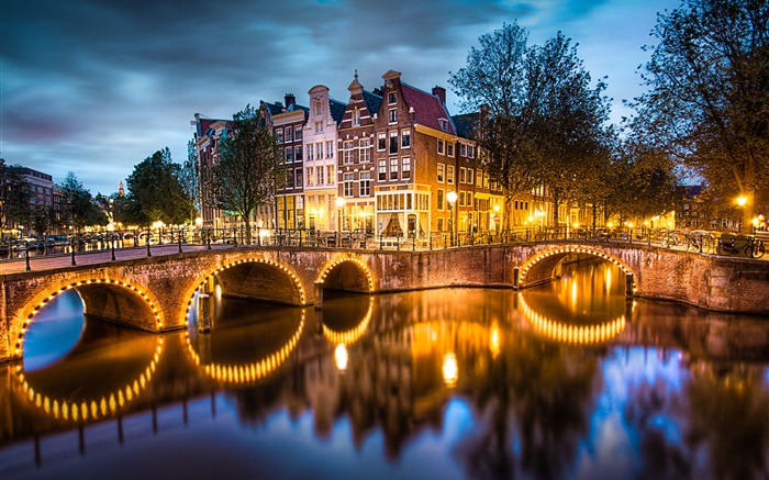 Амстердам, Нидерланды, ночь, огни, река, мост, дома обои,s изображение