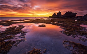 Бали, Индонезия, красное небо, море, побережье, закат
