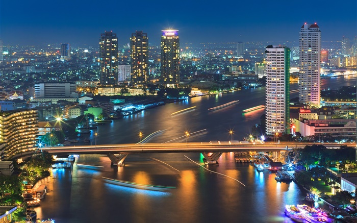 Бангкок, Таиланд, зданий, река, мост, ночь, огни обои,s изображение