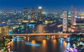 Бангкок, Таиланд, зданий, река, мост, ночь, огни HD обои