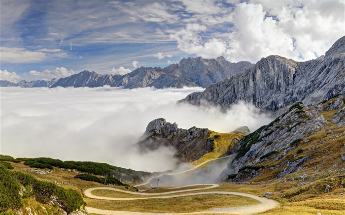 Бавария, немецкий, Альпы, горы, дорога, деревья, туман обои,s изображение