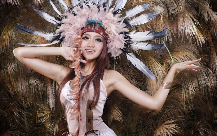 Красивая Азиатская девушка, перья шляпы обои,s изображение