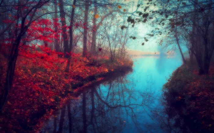 Красивые пейзажи природы, осень, река, деревья, красные листья обои,s изображение