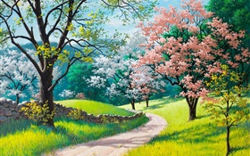 Красивые живопись, весна, дорога, деревья, трава, цветы