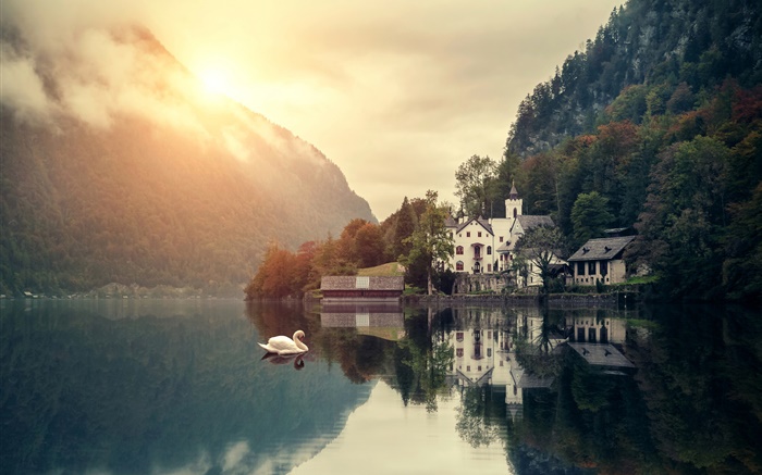Красивые пейзажи, утро, горы, озеро, дом, лебеди, восход обои,s изображение