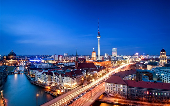 Берлин, Германия, Александерплац, вечер, здания, огни обои,s изображение