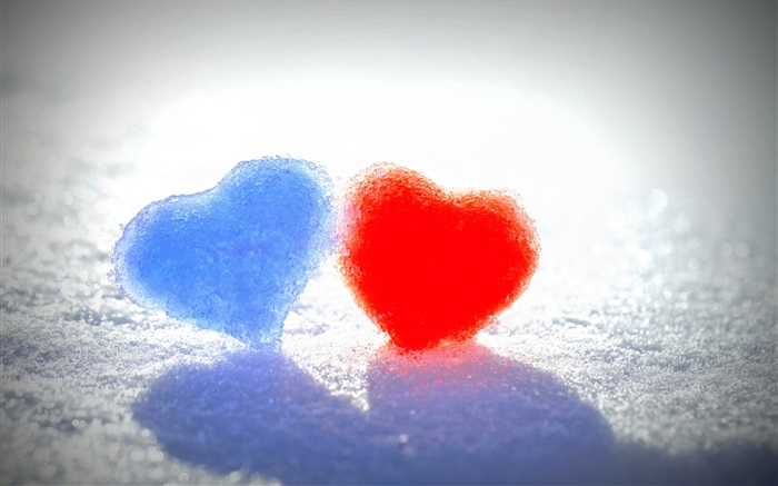 Синие и красные любовь сердца в снегу обои,s изображение