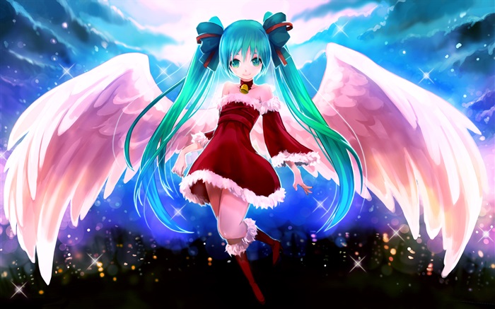 синие волосы аниме девочка, ангел, крылья обои,s изображение