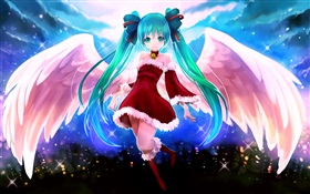синие волосы аниме девочка, ангел, крылья HD обои
