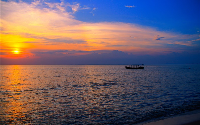 Камбоджа, Азии, пляж, море, лодка, закат обои,s изображение