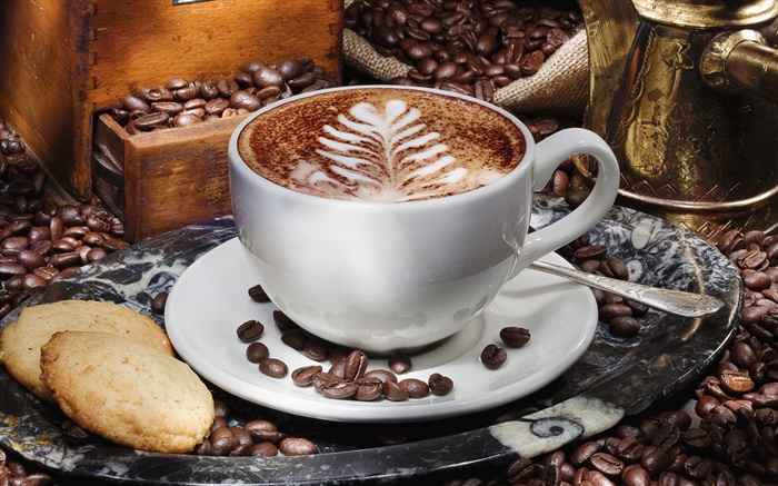 Капучино кофе чашки, блюдца, печенье, обои,s изображение