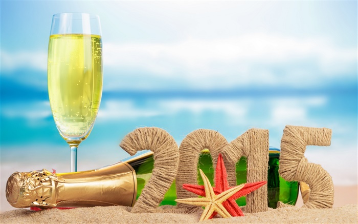 шампанское, морские звезды, песок, год 2015 обои,s изображение