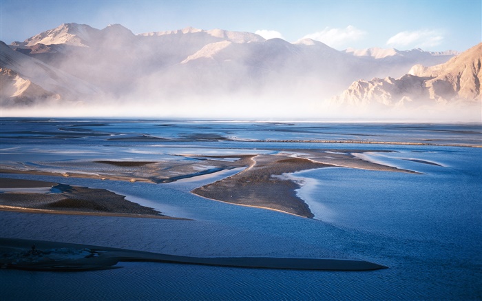 Китайский пейзаж, озеро, горы, туман обои,s изображение