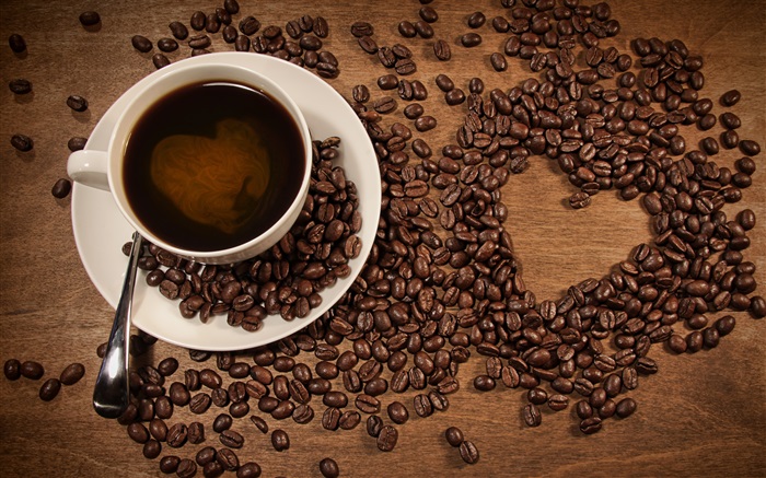 Чашка кофе, кофе в зернах, люблю форме сердца обои,s изображение
