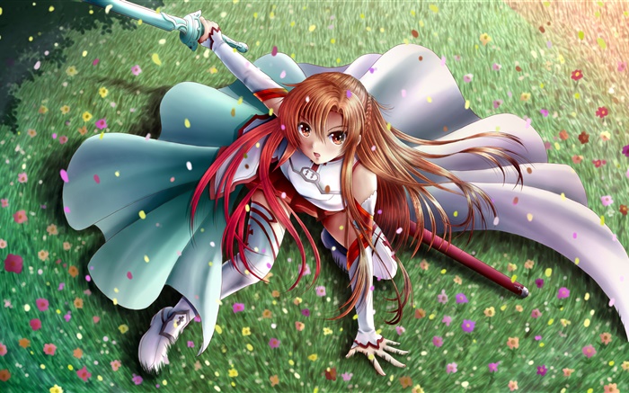 Танец аниме девушка, меч, сад обои,s изображение