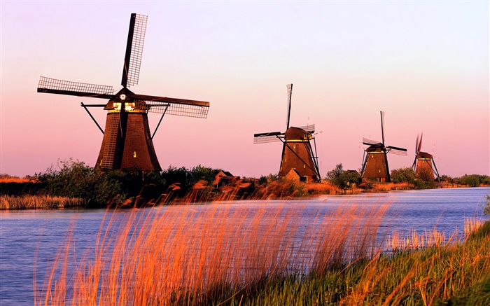 Голландский пейзаж, ветряные мельницы, реки, вечер обои,s изображение
