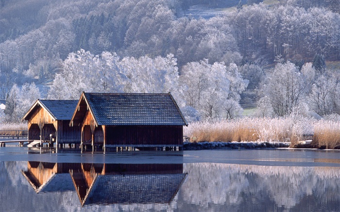 Дома, река, деревья, зима, Германия обои,s изображение