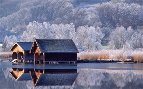 Дома, река, деревья, зима, Германия