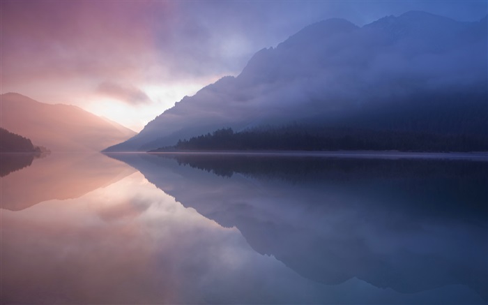 Озеро, горы, туман, вода отражение обои,s изображение