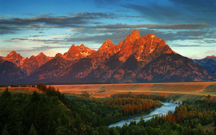 Горы, лес, река, осень, Америка, Вайоминг обои,s изображение