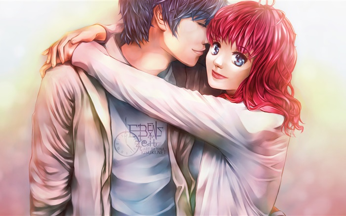 Красные волосы девушка аниме со своим бойфрендом обои,s изображение