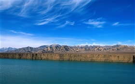 Река, горы, голубое небо, скалы, пейзаж Китай