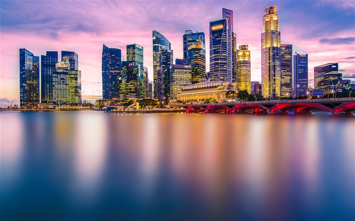 Сингапур, город вечером, огни, небоскребы, залив обои,s изображение