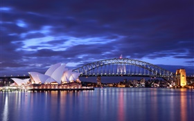 Сиднейский оперный театр, Австралия, ночь, мост, огни, море, голубое HD обои