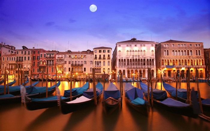 Венецианская ночь, лодка, дом, река, огни, луна обои,s изображение