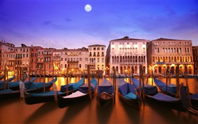 Венецианская ночь, лодка, дом, река, огни, луна HD обои