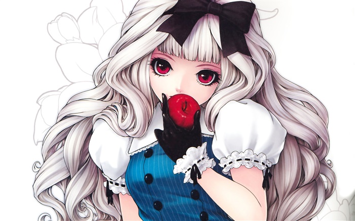 Белые волосы аниме девочка ест яблоко обои,s изображение