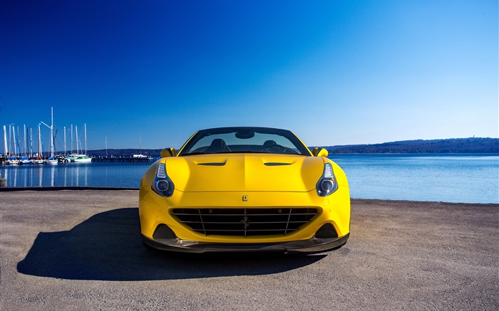 2 015 Ferrari желтый суперкар, вид спереди обои,s изображение