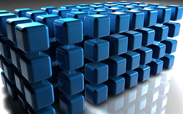 3D синий куб, пол отражение обои,s изображение