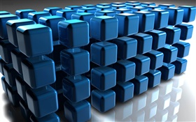 3D синий куб, пол отражение HD обои
