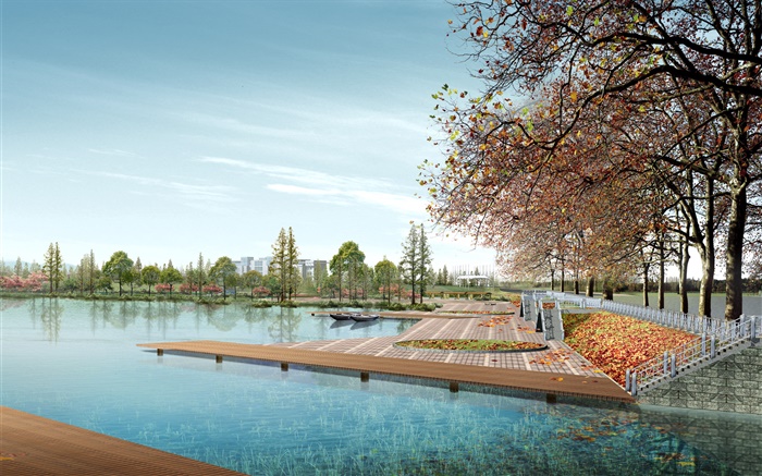3D дизайн, городские парки, деревья, озеро обои,s изображение