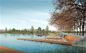 3D дизайн, городские парки, деревья, озеро