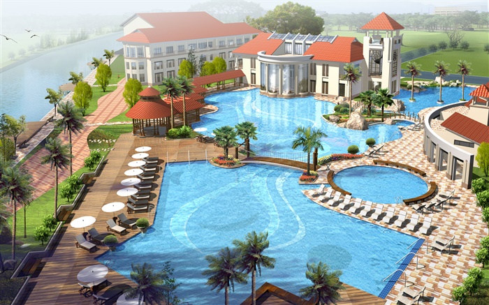 3D дизайн, досуг курорты, бассейн, река обои,s изображение