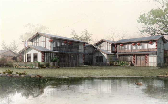 3D дизайн, дождь, пруды, дом обои,s изображение