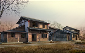 3D дизайн, ретро, деревянный дом HD обои