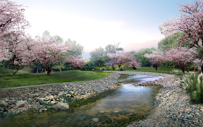 3D дизайн, весна парк, цветы в полном расцвете, ручей обои,s изображение