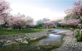 3D дизайн, весна парк, цветы в полном расцвете, ручей