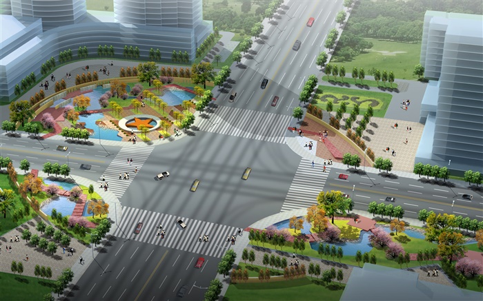 3D дизайн, планировка городских дорог и зеленых обои,s изображение